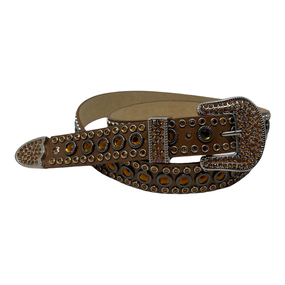 Olga Santini Studded Crystal Leather Belt XL Brown Western Rodeo Cowgirl Bling